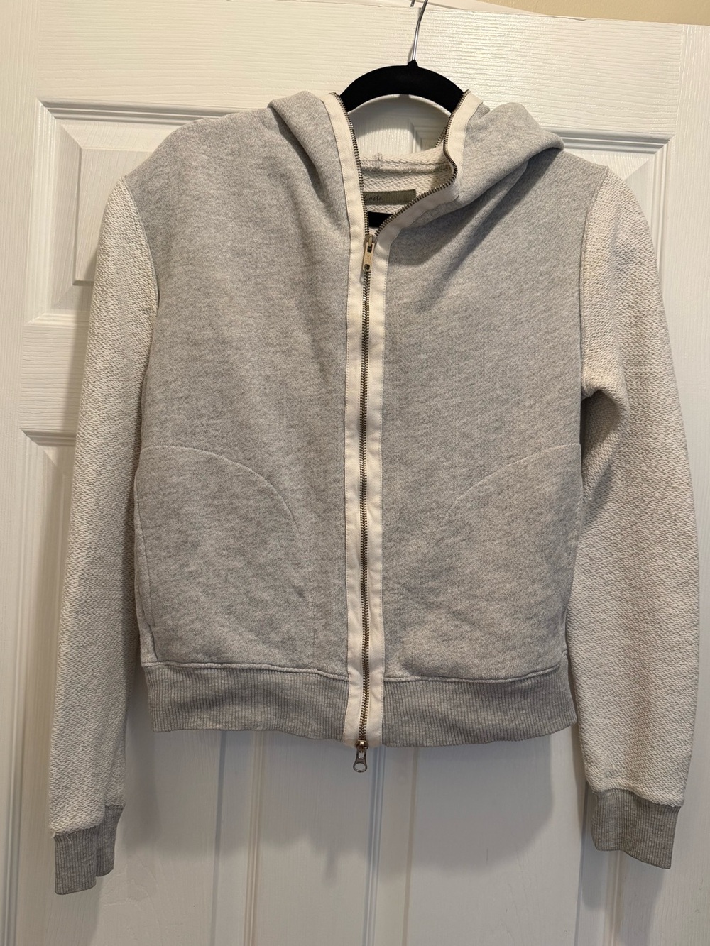 Enza Costa Gray Contrast Sleeve Zip Up Hoodie Cotton